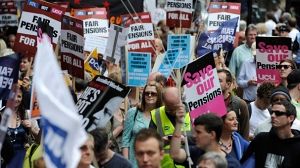 Strikers march in London against pension reforms