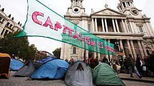 Protest camps set up in Frankfurt and London