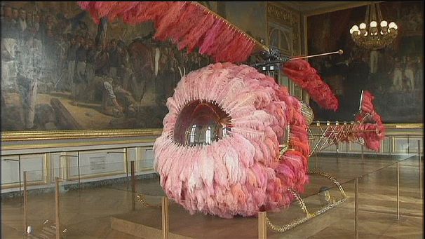 Pink helicopter and giant stilettos at Palace of Versailles