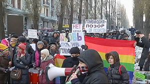 Ukraine anti-gay activists release gas at LGBT protest