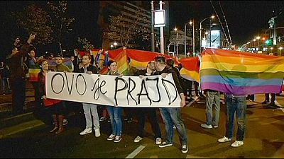 Gay rights activists in Serbia protest government ban on gay march Gay rights activists in Serbia protest government ban on gay march