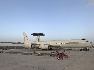 A NATO surveillance aircraft equipped with the Airborne Warning And Control System, or AWACS.