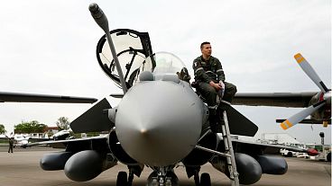 A Eurofighter Typhoon aircraft is seen at the ILA Air Show in Berlin.