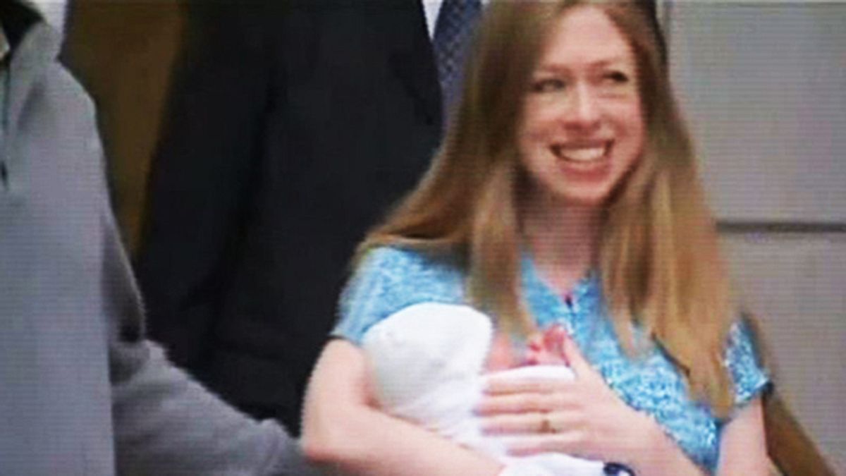 Video: Chelsea Clinton presents baby Charlotte alongside proud grandparents Bill and Hillary