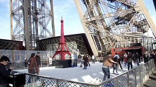 Ice rink installed halfway up the Eiffel Tower