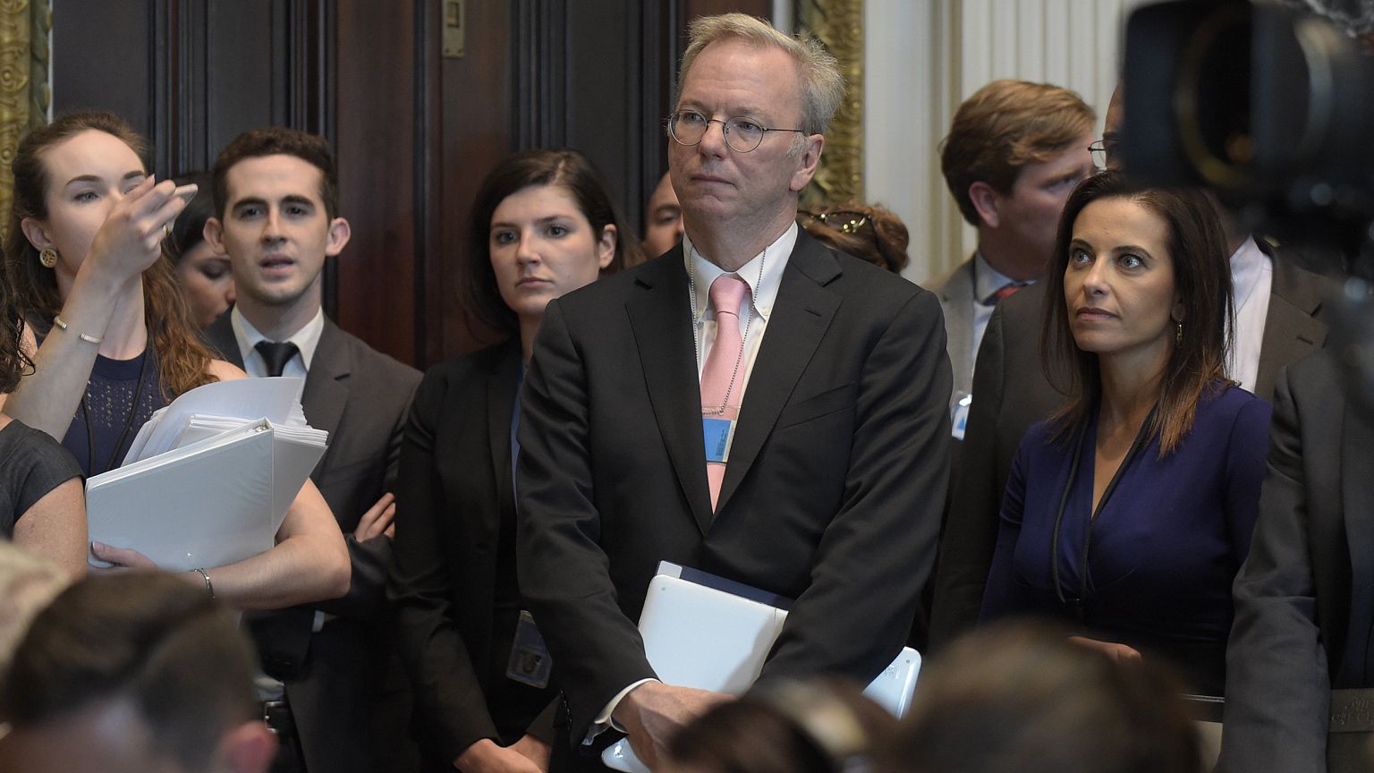 Image: Eric Schmidt  listens as White House senior adviser Jared Kushner sp