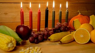 Kwanzaa holiday concept with decorate seven candles red, black and green, g