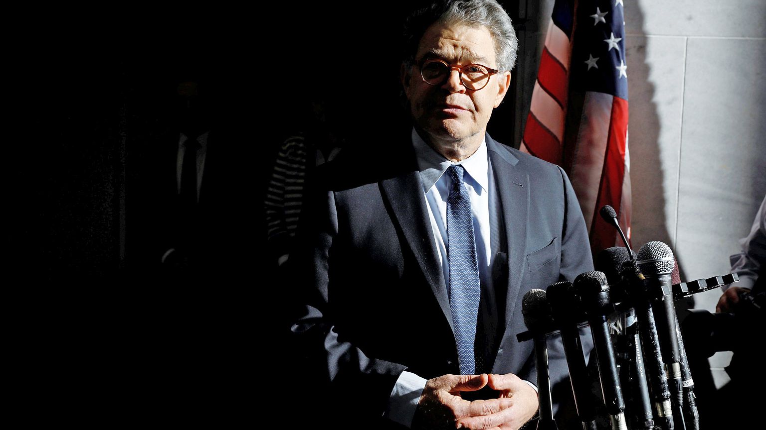 Image: Senator Franken addresses the media outside his office on Capitol Hi