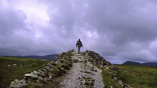 Image: A man hikes on a trail