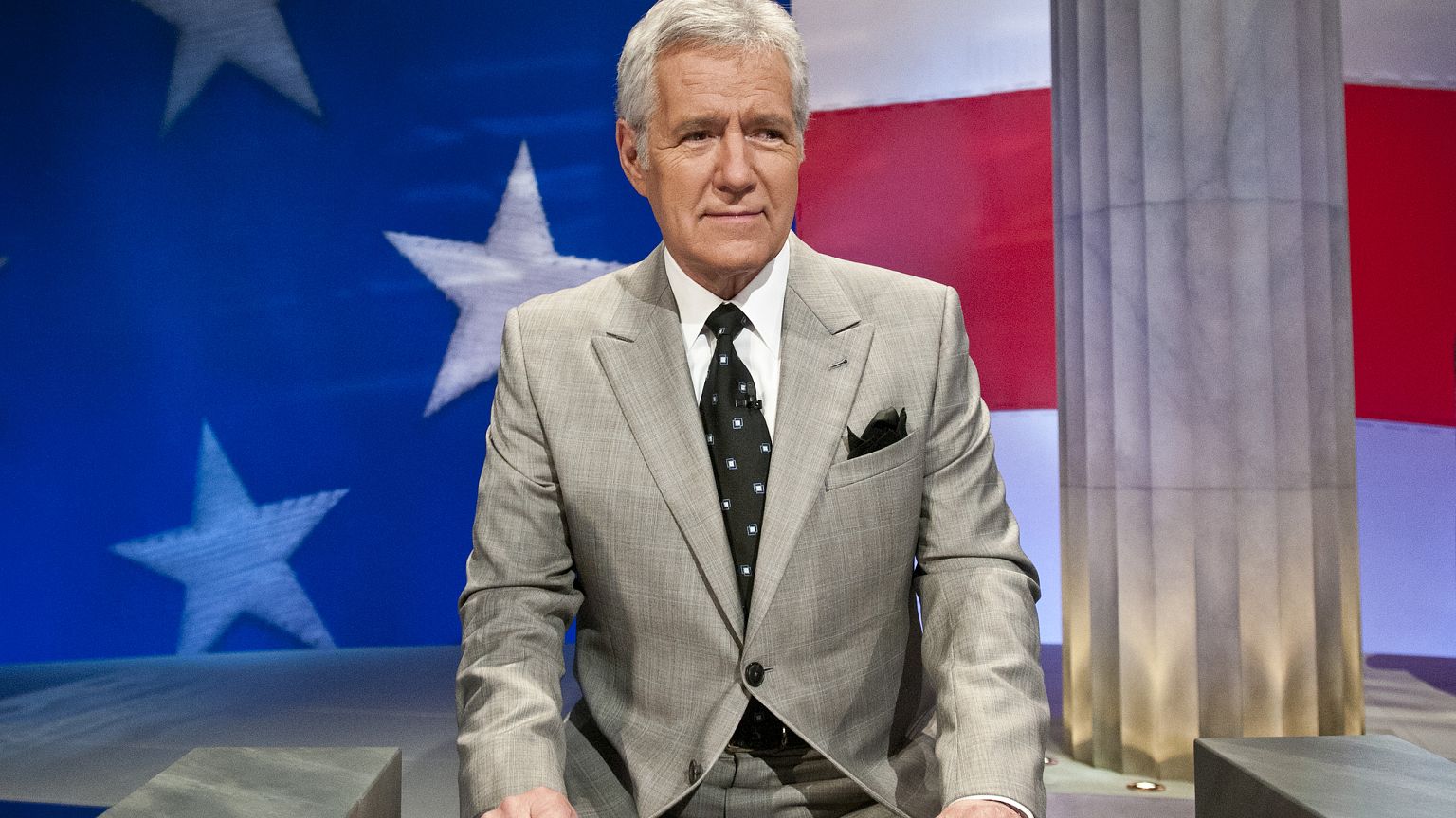 Image: Alex Trebek speaks during a rehearsal