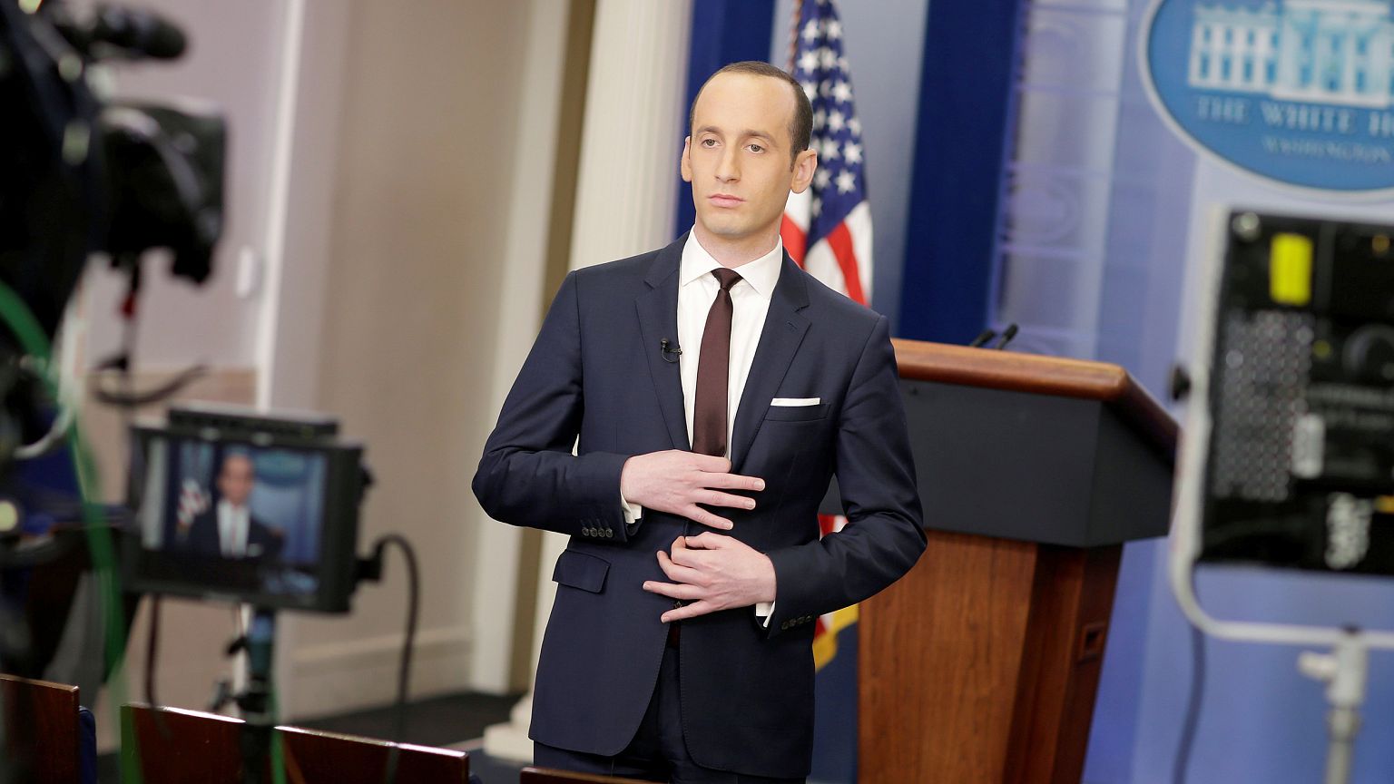 Image: Senior White House Advisor Stephen Miller waits to go on the air in 