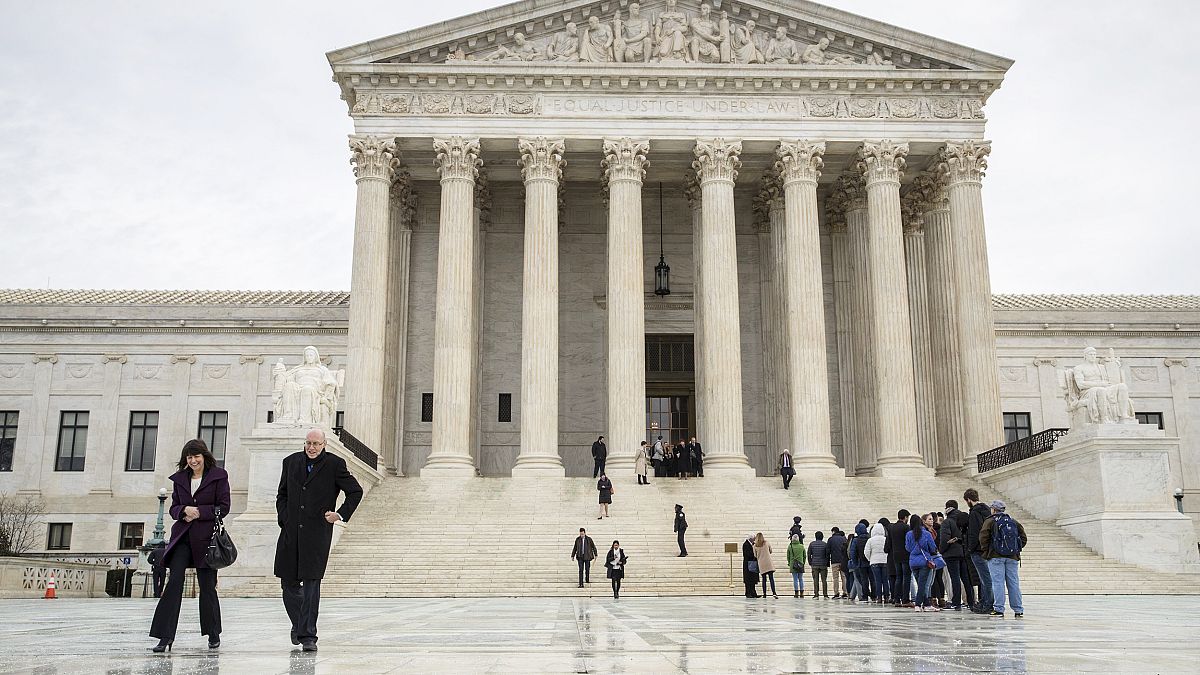 Image: People stands on the plaza of the U.S. Supreme Court in Washington t
