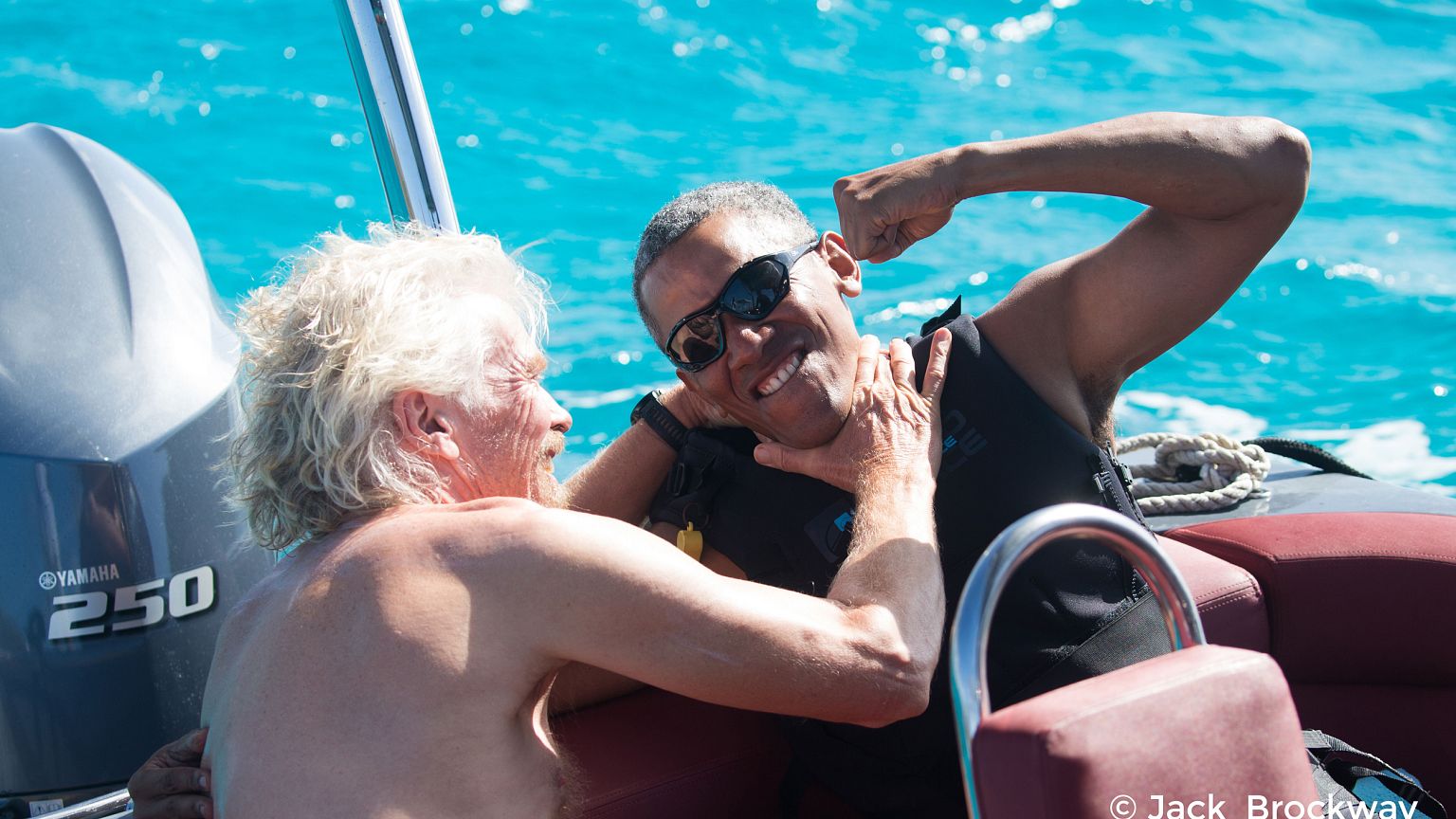 Image: Obama kids around with Richard Branson in Moskito on the British Vir