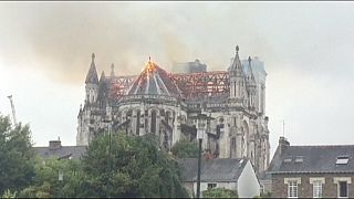 Fire rages at the basilica of Saint- Donatien in Nantes western France