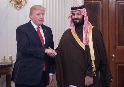 President Donald Trump and Saudi Crown Prince Mohammed bin Salman in the State Dining Room before lunch at the White House.