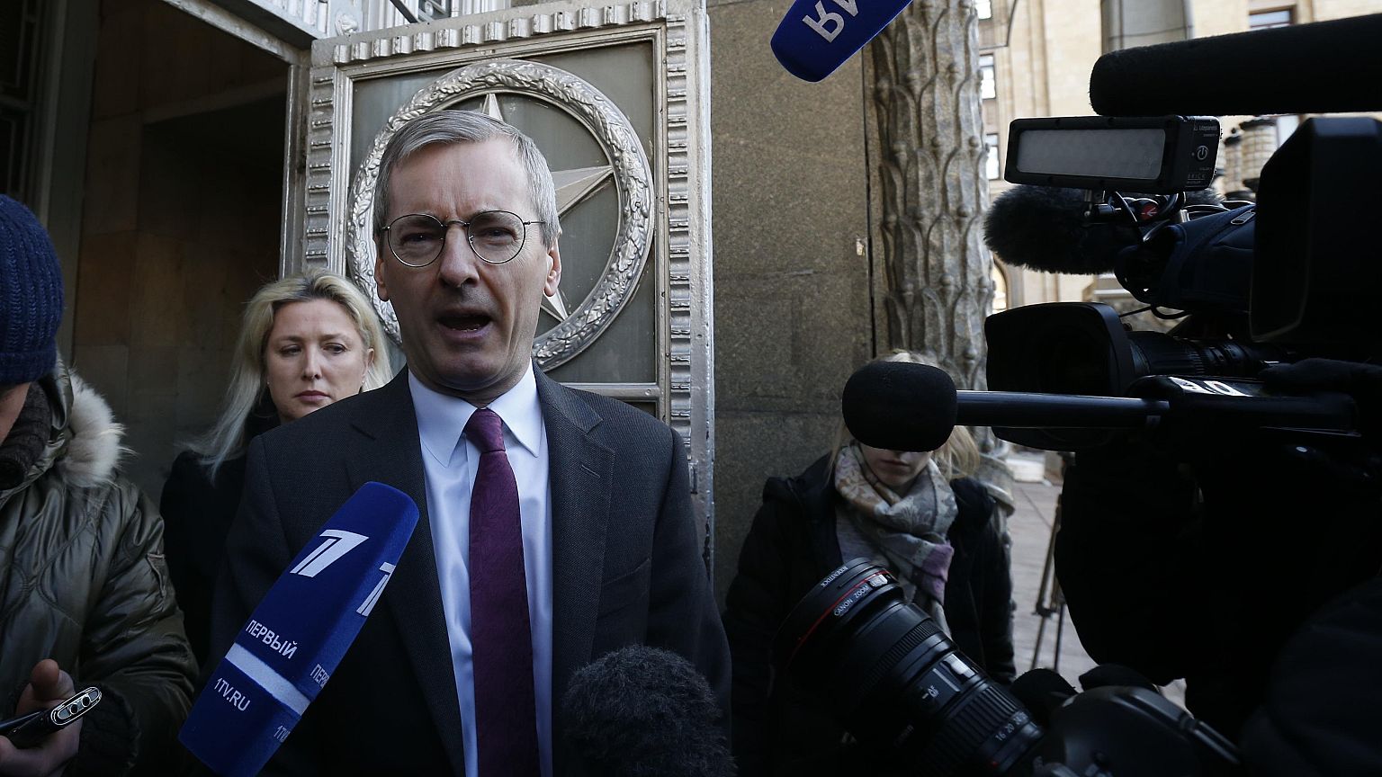 Image: British Ambassador to Russia Laurie Bristow leaves the Russian Forei