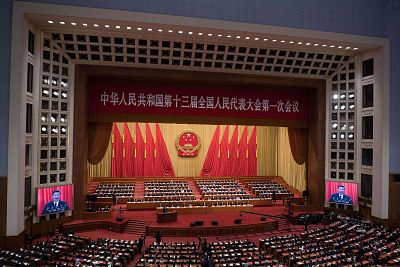 Chinese President Xi Jinping delivering a speech during the closing session of the National People\'s Congress at the Great Hall of the People in Beijing on Tuesday.