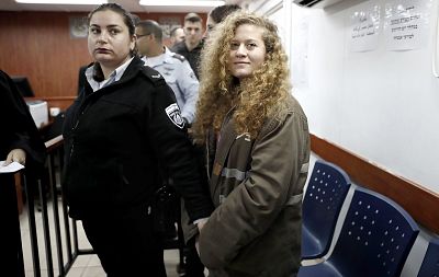 Ahed Tamimi at the beginning of her trial in the Israeli military court at Ofer military prison in the West Bank village of Betunia.