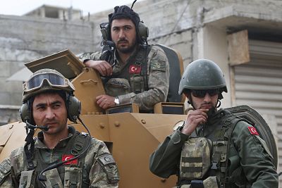 Turkish soldiers in the northwestern Syrian city of Afrin on Saturday.