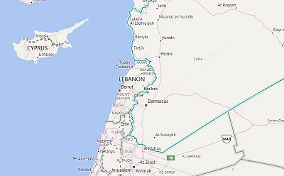 A map showing Syria, Lebanon and Israel.