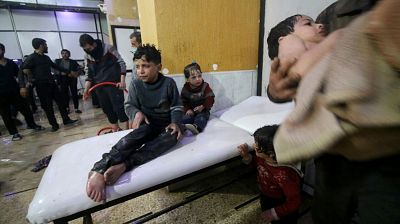 Syrian kids wait to receive medical treatment after Assad regime forces allegedly conducted a poisonous gas attack on Duma, Eastern Ghouta in Damascus, Syria on April 07, 2018.