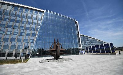 NATO\'s forecourt sculpture, which is also known as the"\'NATO Star," is outside the bloc\'s headquarters in Brussels, Belgium.