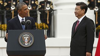 Chinese President Xi Jinping greeted on the South Lawn of the White House