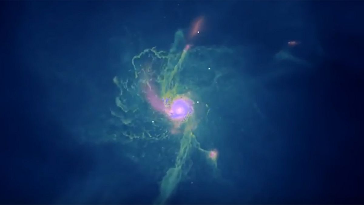Image: A still from a simulation of a galaxy and its supermassive black hol