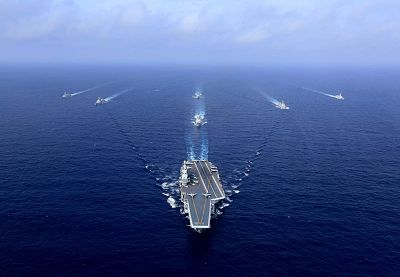China\'s aircraft carrier, the Liaoning, pictured here in April, carried out drills on Monday.