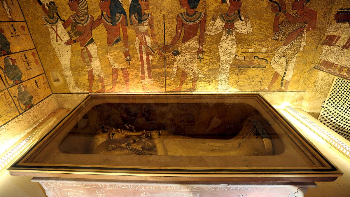 Image: The golden sarcophagus of King Tutankhamun in his burial chamber is 