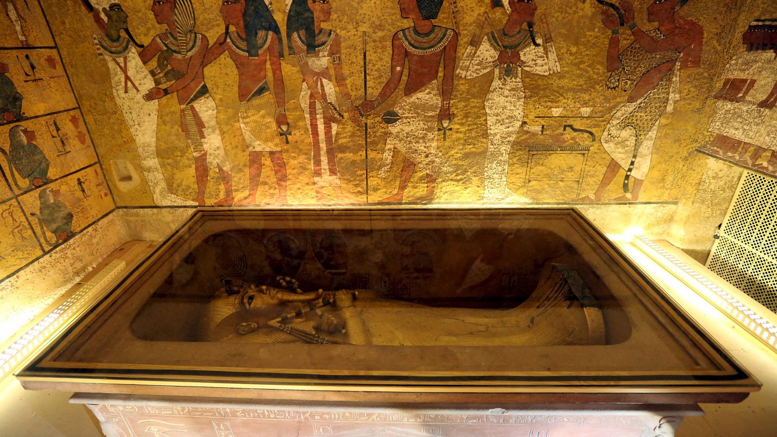 Image: The golden sarcophagus of King Tutankhamun in his burial chamber is 
