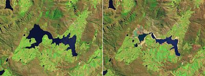 NASA images showing the falling water levels of the Theewaterskloof dam over a period of three years.