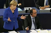 Migrant crisis dominates Merkel and Hollande's historic EU parliament address