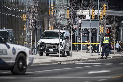 The van that jumped a curb and struck pedestrians in Toronto on Monday.