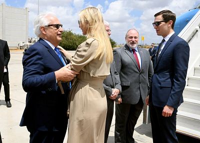 White House senior adviser Ivanka Trump greets U.S. Ambassador to Israel David Friedman at the Ben Gurion International Airport in Israel on Sunday.
