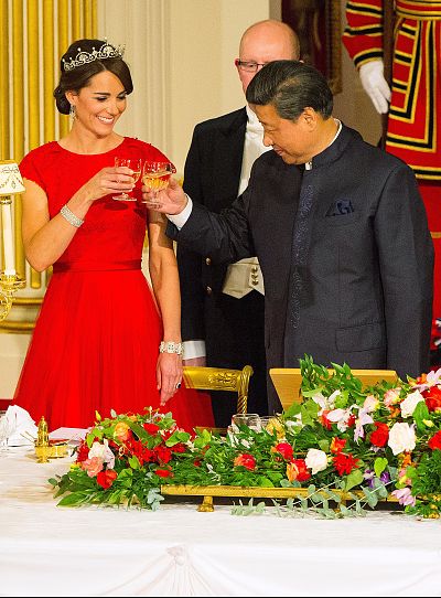 The Duchess of Cambridge wore the Lotus flower tiara, borrowed from Queen Elizabeth, to a state banquet at Buckingham Palace in 2015.