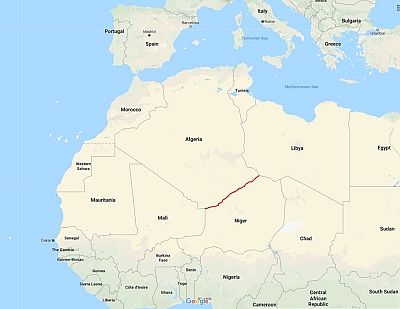 The Algeria-Niger border, marked in red, has become a busy route for migrants.