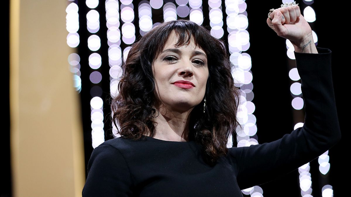 Image: Italian actress Asia Argento gestures on stage on May 19, 2018 durin
