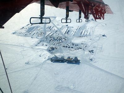 Aerial photo of the U.S. Amundsen-Scott South Pole Station at the Geographic South Pole taken from the PolarGAP survey aircraft.