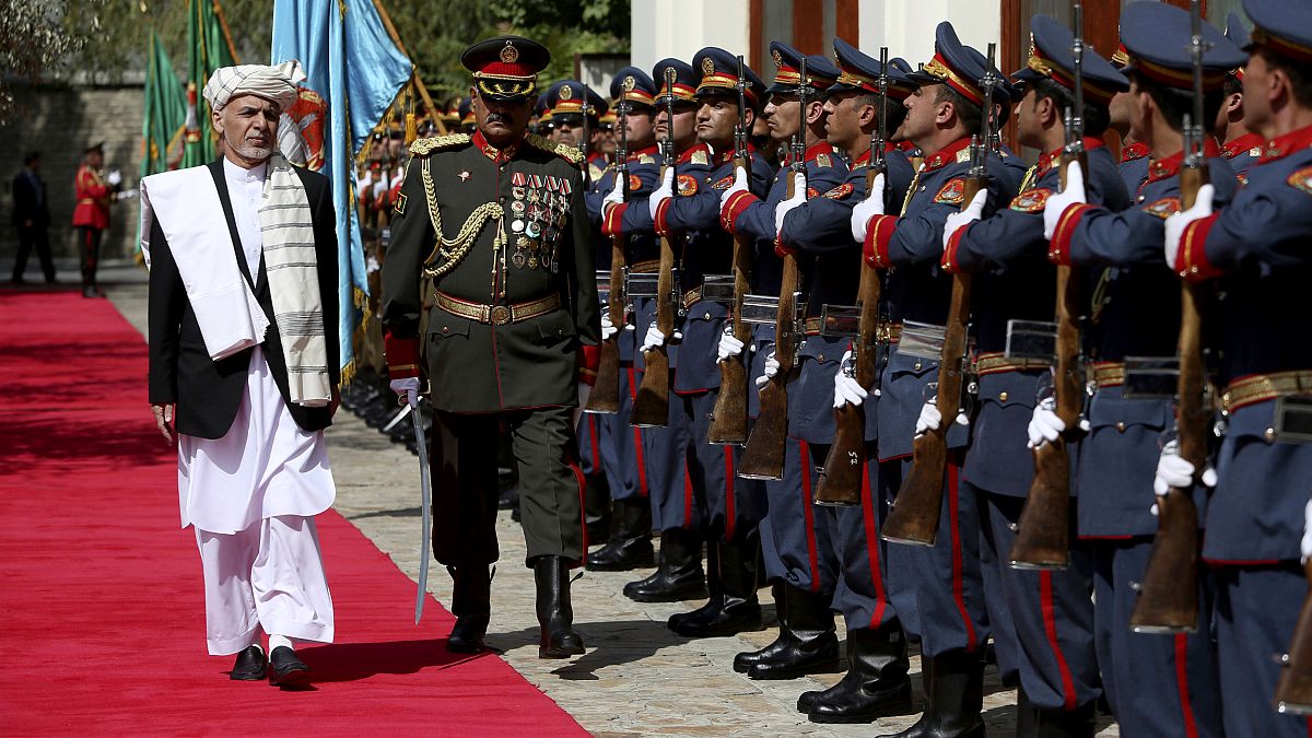 Image: Afghan President Ashraf Ghani inspects an honor guard at the preside