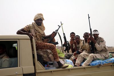 Sudanese forces fighting alongside the Saudi-led coalition in Yemen gather near Hodeidah.