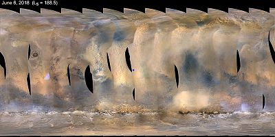 This global map of Mars shows a growing dust storm as of June 6, 2018. The map was produced by the Mars Color Imager (MARCI) camera on NASA\'s Mars Reconnaissance Orbiter spacecraft. The storm was first detected on June 1. The MARCI camera has been used to monitor the storm ever since. The blue dot indicates the approximate location of Opportunity.