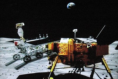 This 3D computer-generated image shows China\'s first moon rover, Yutu ("Jade Rabbit"), left, separating from the Chang\'e-3 moon lander after landing on the moon in December 2013. 