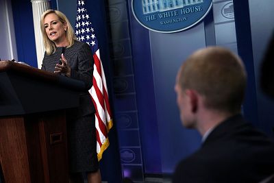 U.S. Secretary of Homeland Security Kirstjen Nielsen speaks on migrant children being separated from parents at the southern border during a White House daily news briefing at the James Brady Press Briefing Room of the White House in Washington on June 18, 2018.