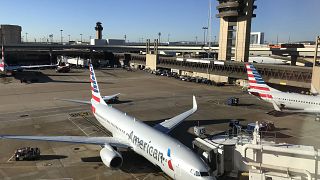 Image: An American Airlines plane sits at the gate at Dallas Fort Worth Int