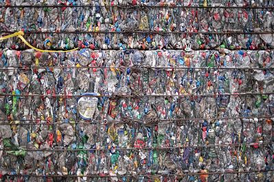 A block of compressed plastic bottles at a plastic waste center on the outskirts of Beijing on May 16.