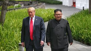 Image: U.S. President Donald Trump walks with North Korean leader Kim Jong 