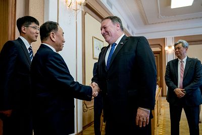 Secretary of State Mike Pompeo greets senior North Korean official Kim Yong Chol at a meeting in Pyongyang on Friday.