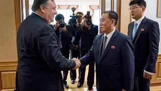 Image: Mike Pompeo meets with Kim Yong Chol for a second day of talks at th