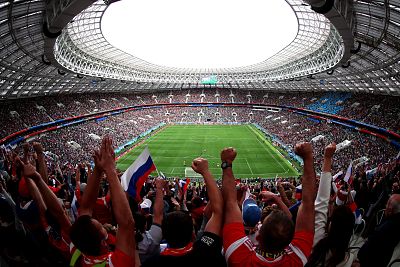 Russian fans celebrate a goal against Saudi Arabia on June 14.